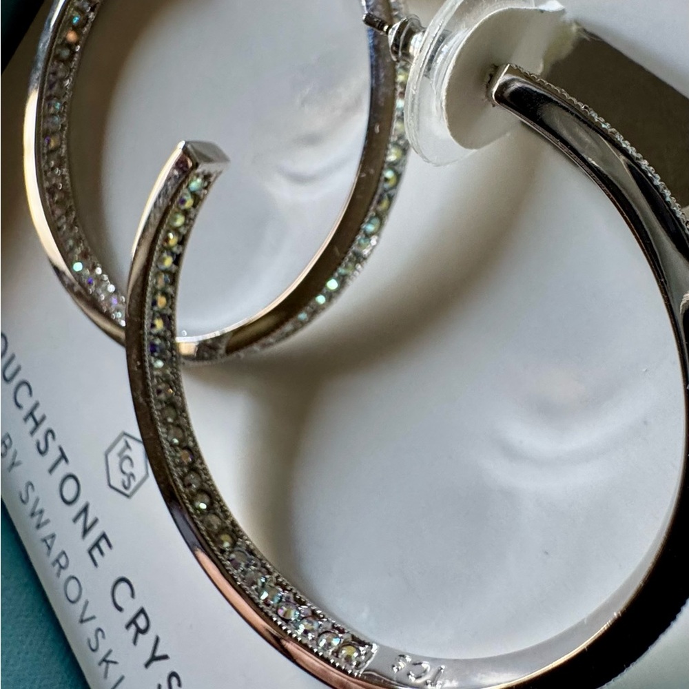 Touchstone Crystal by Swarovski, Silver CAB Hidden Gems, 1 1/2” Hoop Earrings